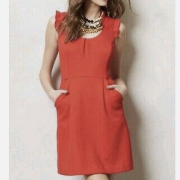 Anthropologie Tabitha Dress Size 2 Cherie Red Ruffle Cap Sleeve Pockets Preppy - Picture 1 of 7